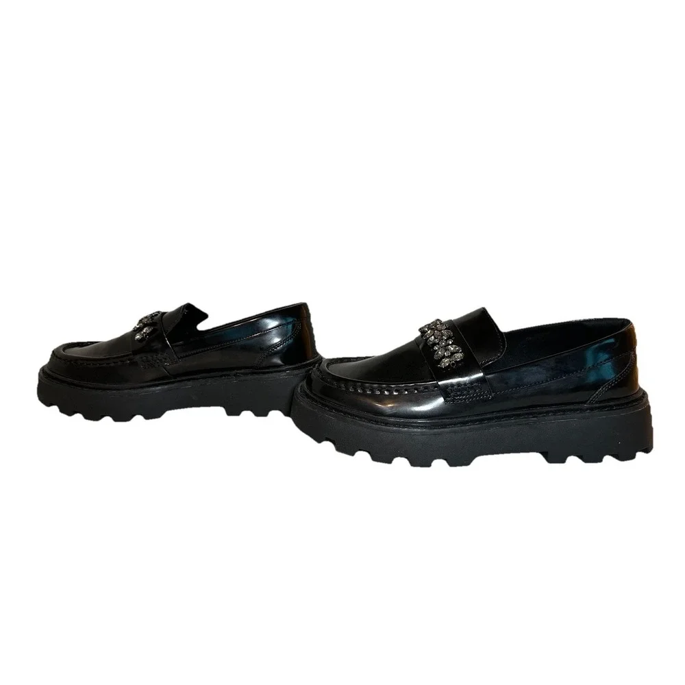 ZARA Women Chunky Black Faux Patent Leather‎ Rhinestone Loafers US 7.5 EU 38 NEW
